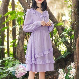Long-sleeve Ruffle-trim Midi A-line Chiffon Dress