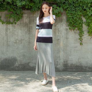 Color-block Rib-knit Top Ivory - One Size