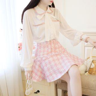 Set: Tie-neck Chiffon Blouse + Plaid Tweed Mini Skirt