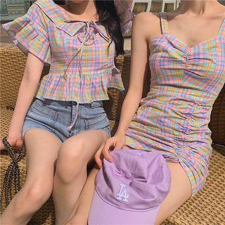 Plaid Short-sleeve Blouse / Open Back Spaghetti Strap Mini Dress