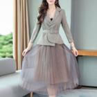 Set: Asymmetric Blazer + Mesh Overlay Skirt