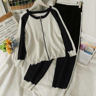 Set: Colorblock Zipper Cardigan + Loose Jogger Pants