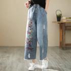 Floral Embroidered Distressed Wide Leg Jeans