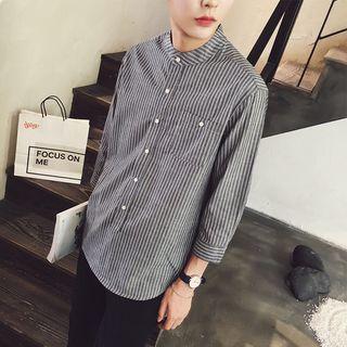 Striped Band Collar 3/4 Sleeve Shirt