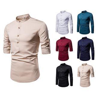Plain Half Placket Stand-collar Long-sleeve Shirt