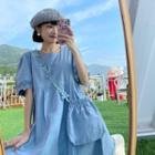 Set: Short-sleeve Plain Dress + Crossbody Bag