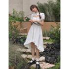 Set: Spaghetti-strap Midi A-line Dress + Puff-sleeve Collar Shrug