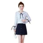 Set: Ruffled Striped Long-sleeve Blouse + Buttoned A-line Skirt