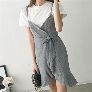 Set: Gingham Mini Wrap Pinafore Dress + T-shirt