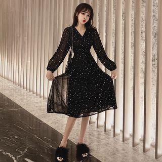 Balloon-sleeve Star Print Midi A-line Dress