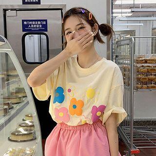 Short-sleeve Printed T-shirt / High-waist Bow Panel Shorts