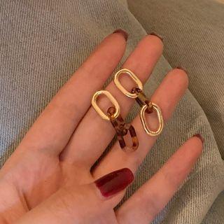 Acrylic Alloy Chained Asymmetrical Dangle Earring 1 Pair - Gold & Brown - One Size