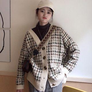 Long-sleeve Houndstooth Button-up Sweater Brown & Almond - One Size