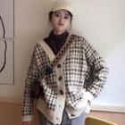 Long-sleeve Houndstooth Button-up Sweater Brown & Almond - One Size