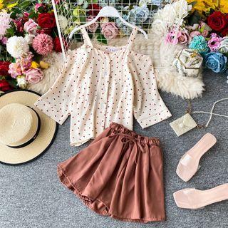 Set: Cold-shoulder Polka-dot Chiffon Blouse + Plain Wide-leg Shorts
