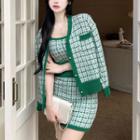 Set: Checker Camisole Top + Checker Cardigan + Checker Sheath Mini Skirt