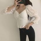 Plain Puff-sleeve Square-neck Slim-fit Blouse