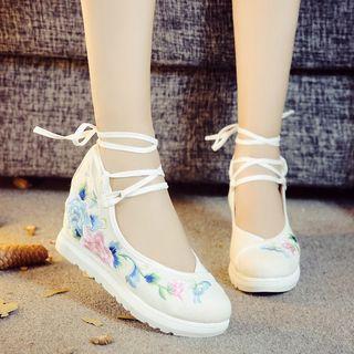 Embroidered Lace-up Hidden-wedge Pumps