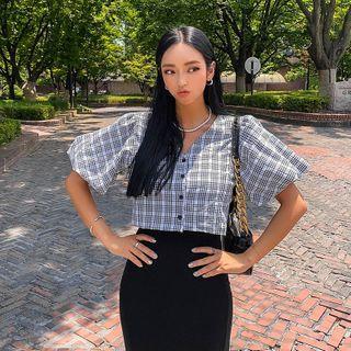 Balloon-sleeve Checked Cropped Blouse