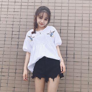Linen Embroidered Elbow-sleeve Blouse