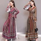V-neck Printed Long-sleeve Maxi Dress