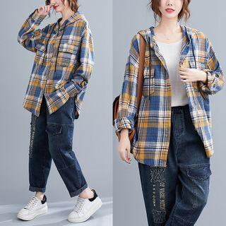 Hooded Plain Shirt Plaid - Yellow & Blue - One Size