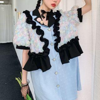 Puff-sleeve Mock Two-piece Ruffled Mini Dress