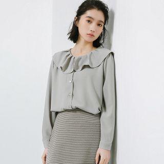 Long-sleeve Chiffon Blouse Grayish Blue - One Size