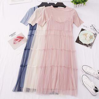 Set: Short-sleeve Midi T-shirt Dress + Spaghetti Strap Mesh Dress