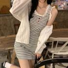 Sleeveless Lace Trim Striped Mini Bodycon Dress / Light Jacket