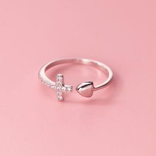Rhinestone Cross Heart Open Ring 1pc - Silver - One Size