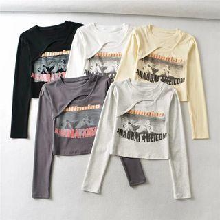 Printed Long-sleeve Cutout T-shirt