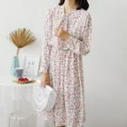 Floral Print Long-sleeve Tie-neck Chiffon Dress As Shown In Figure - One Size