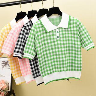 Checked Short-sleeve Knit Polo Shirt