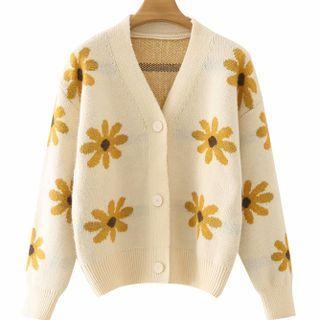 V-neck Floral Cardigan Almond - One Size