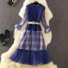 Set: Long-sleeve Plaid Panel Mesh Dress + Knit Vest + Plaid Belt