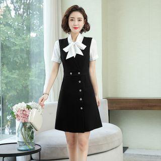 Set: Bow-neck Blouse + Mini A-line Overall Dress