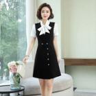 Set: Bow-neck Blouse + Mini A-line Overall Dress
