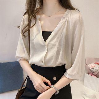 Elbow-sleeve V-neck Chiffon Blouse / Lace Under Shorts