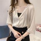 Elbow-sleeve V-neck Chiffon Blouse / Lace Under Shorts