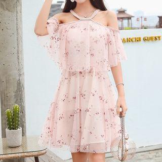 Elbow-sleeve Cutout Embroidered A-line Dress