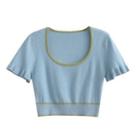 Short Sleeve Contrast-trim Crop Knit Top