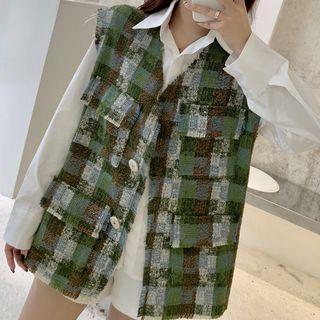 Sleeveless Plaid Vest / Long-sleeve Plain Shirt
