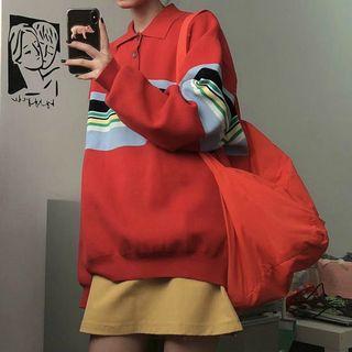 Lapel Striped Long-sleeve Sweater Red - One Size