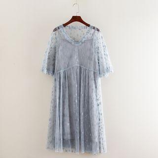 Set: Sheer Panel Elbow-sleeve Midi A-line Dress + Strappy Dress