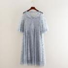 Set: Sheer Panel Elbow-sleeve Midi A-line Dress + Strappy Dress