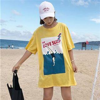 Elbow-sleeve Printed Long T-shirt Yellow - One Size