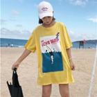 Elbow-sleeve Printed Long T-shirt Yellow - One Size