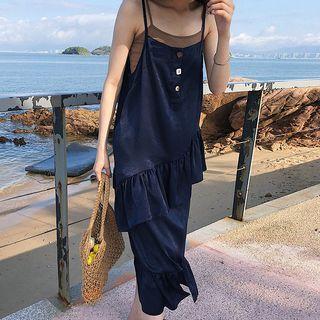 Buttoned Ruffle Trim Spaghetti Strap Midi Dress