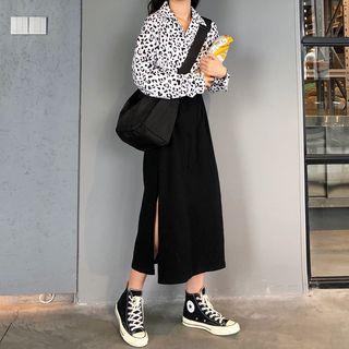 Long-sleeve Leopard Blouse / Slited Midi Skirt